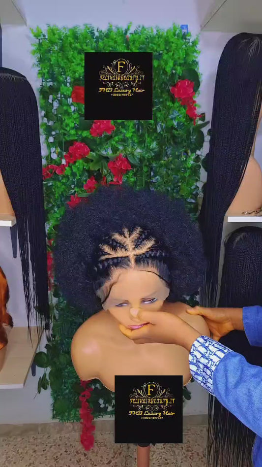 Cornrow wig with afro, black, #gluelesswig