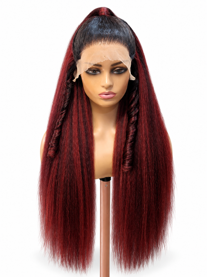 FHB Burgundy Yaki Straight Wig