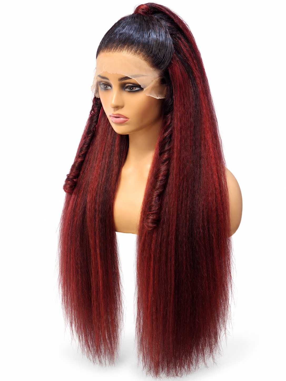 FHB Burgundy Yaki Straight Wig