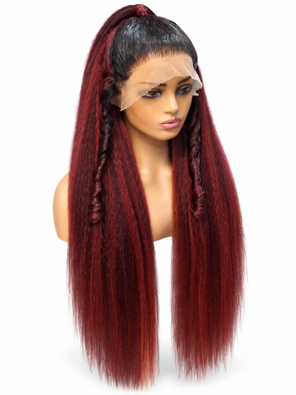 FHB Burgundy Yaki Straight Wig