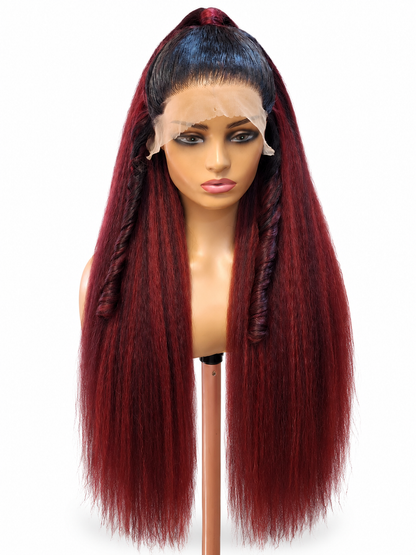 FHB Burgundy Yaki Straight Wig